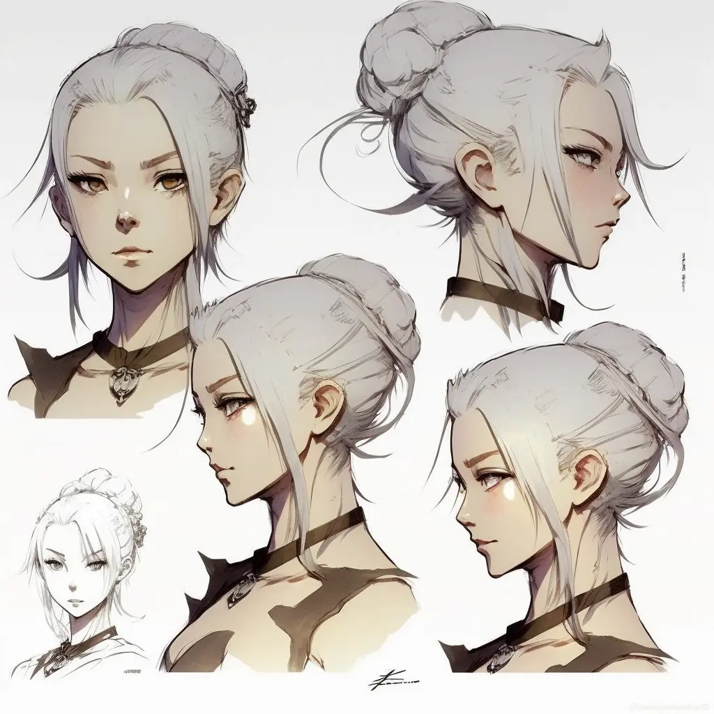white hair female close up character design, multiple concept designs, concept design sheet, white background, style of Yoshitaka Amano 